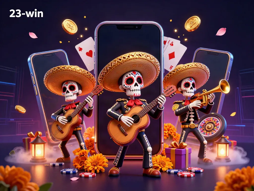 Engage in lively gambling with the 23-win skeleton mariachi band performing amidst vibrant casino elements.