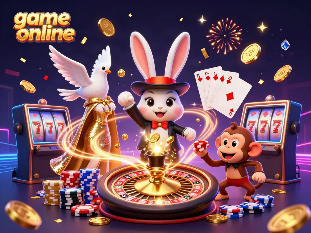 Spin the reels and win big in this engaging game online scene with a magician rabbit and exciting casino elements.