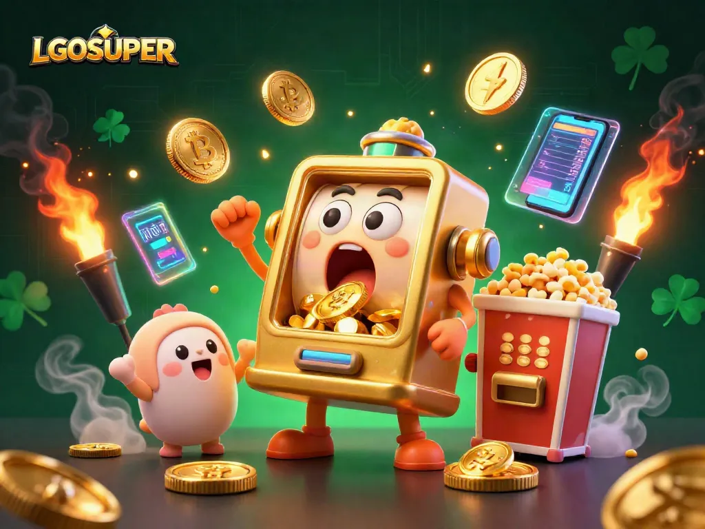 Experience the jackpot excitement with LGOSUPER, featuring a dynamic slot machine scene filled with coins and crypto elements.