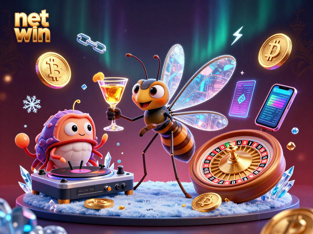 Win big with net win in this 3D casino illustration featuring unique characters and crypto elements.