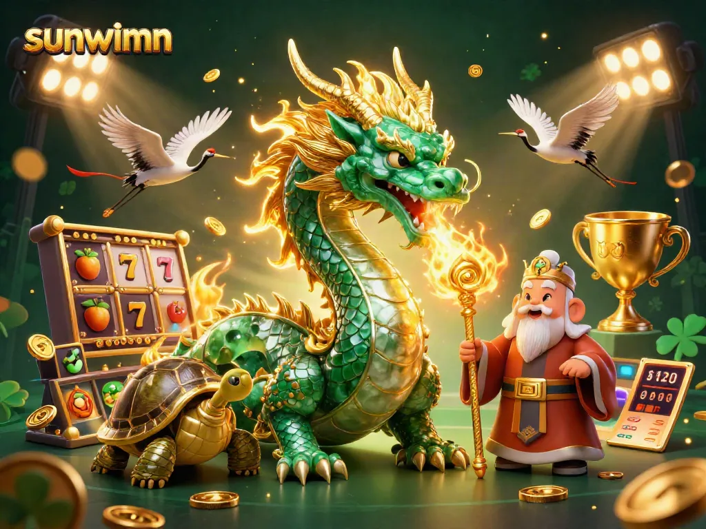 Spin and win at sunwinnn with a jade dragon and lucky symbols enhancing the gaming experience.