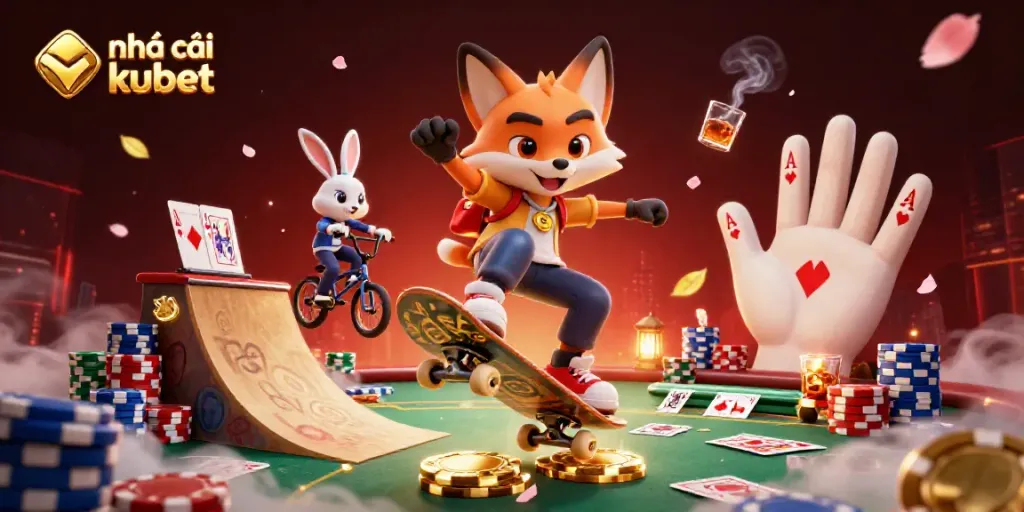 Engaging scene showcasing Nhà cái kubet with a skateboarder fox and BMX rabbit over casino elements, vibrant colors and energy.