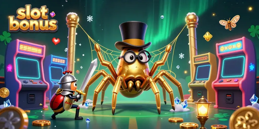 Spin the reels with the vibrant slot bonus visuals featuring a golden tarantula and gaming elements.