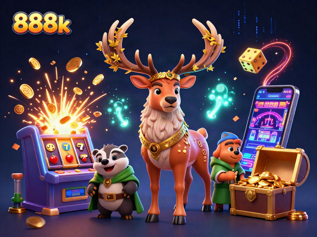 Experience the thrill of gaming with 888k, featuring vibrant casino elements and enchanting characters.