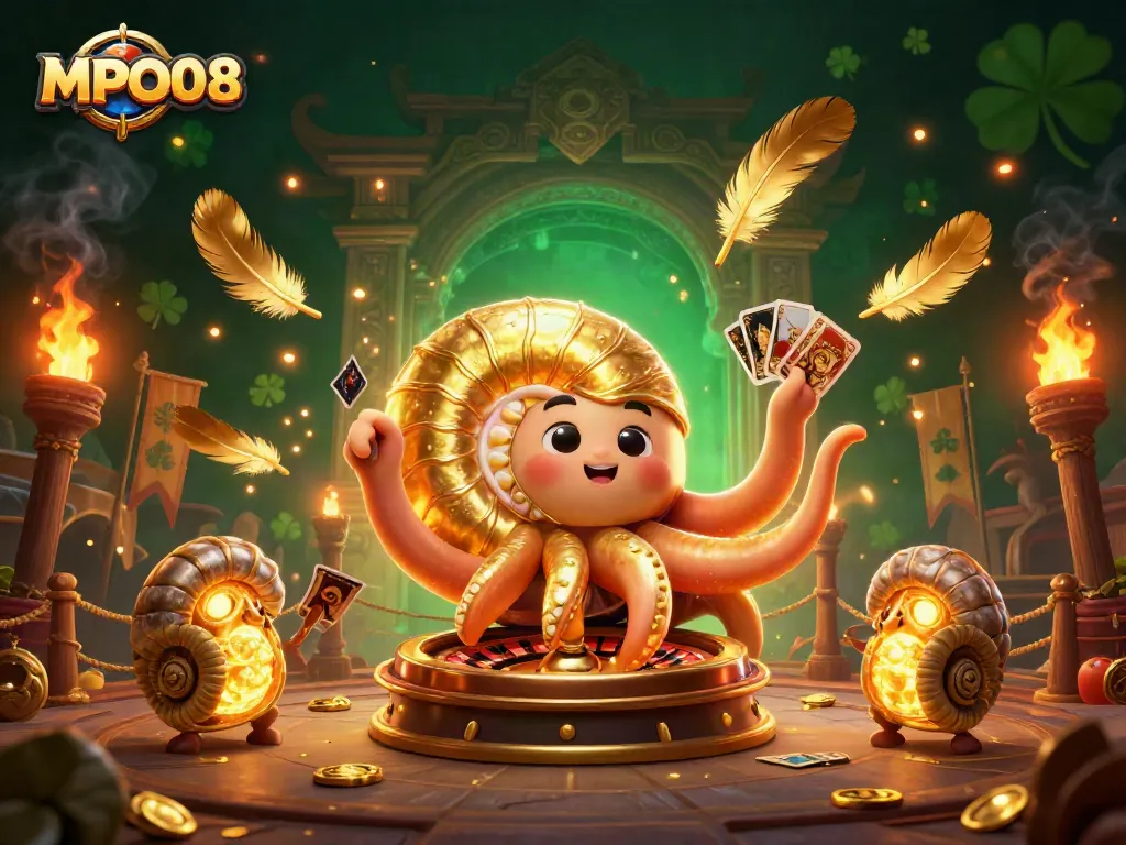MPO08 engages players with a dynamic casino scene featuring a giant nautilus roulette wheel and glowing companions.