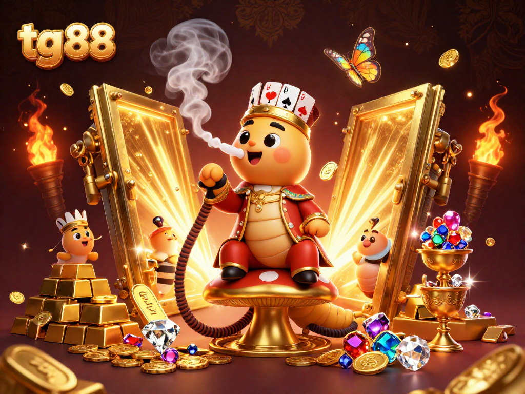 Engage with tg 88’s vibrant casino scene filled with treasure, 3D characters, and sparkling elements.
