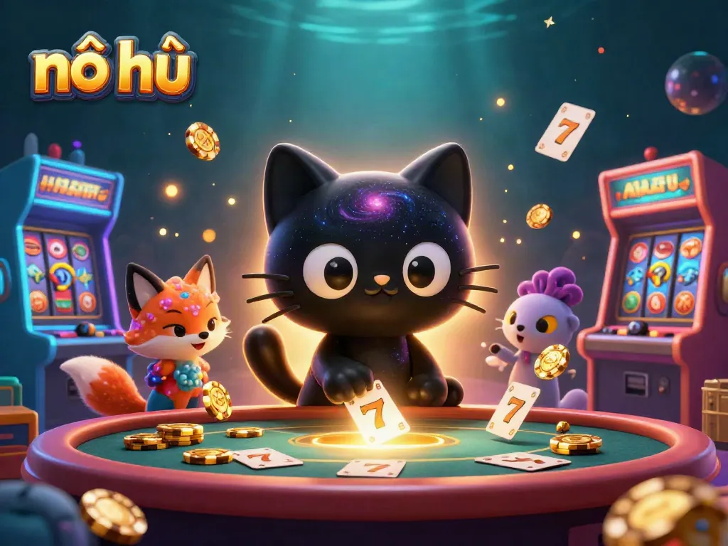 Exciting nổ hũ scene showcasing a cartoon black hole cat at an engaging casino game table.