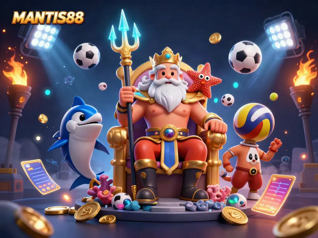 MANTIS88 showcases a vibrant 3D cartoon scene of Neptune with sports elements, symbolizing excitement in online gaming.