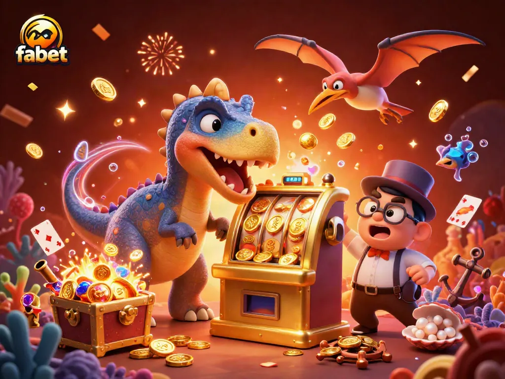 Fabet themed illustration showing a dinosaur winning at a slot machine amidst cascading coins.