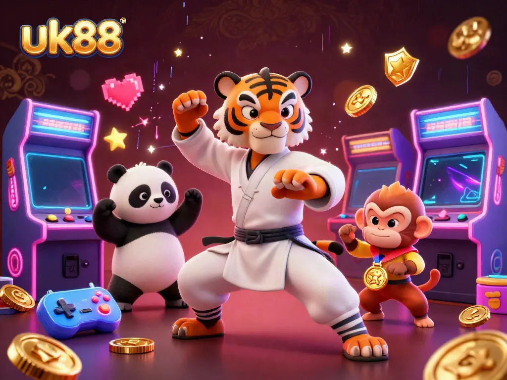 Join the fun with uk88 as the kung fu tiger and panda master a crane stance amidst arcade games