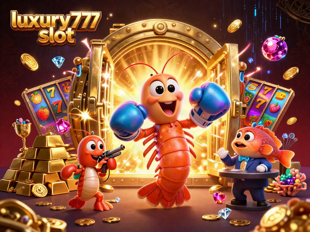 Menangkan permainan dengan luxury777 slot, tampak ilustrasi kasino 3D penuh gemerlap dan karakter unik.