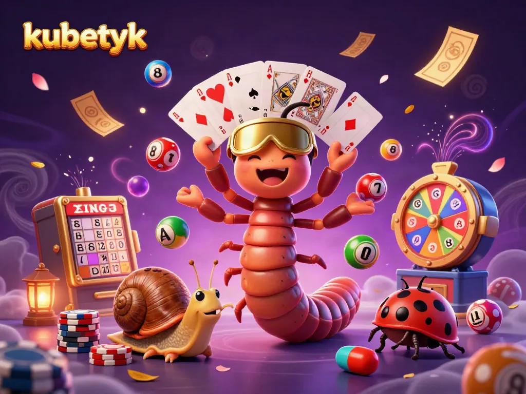 Experience the excitement of kubetyk with a playful 3D illustration showcasing dynamic casino elements and characters.