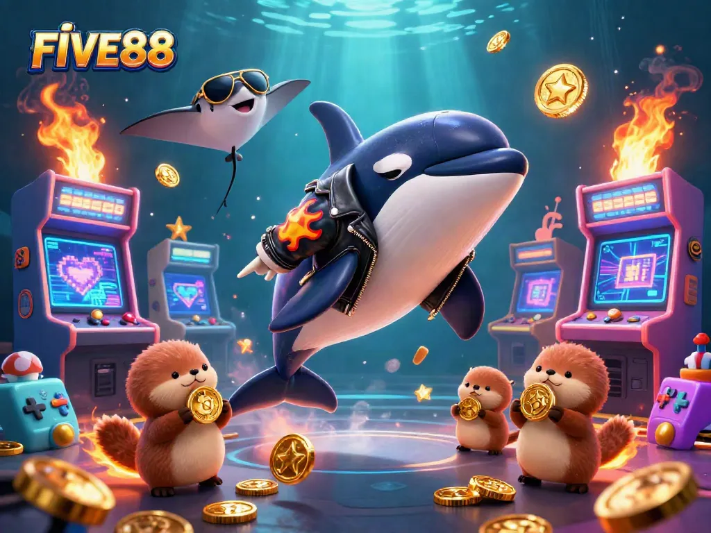 Engage with FIVE88's thrilling online gaming scene, featuring diverse sea characters amidst vibrant casino elements.