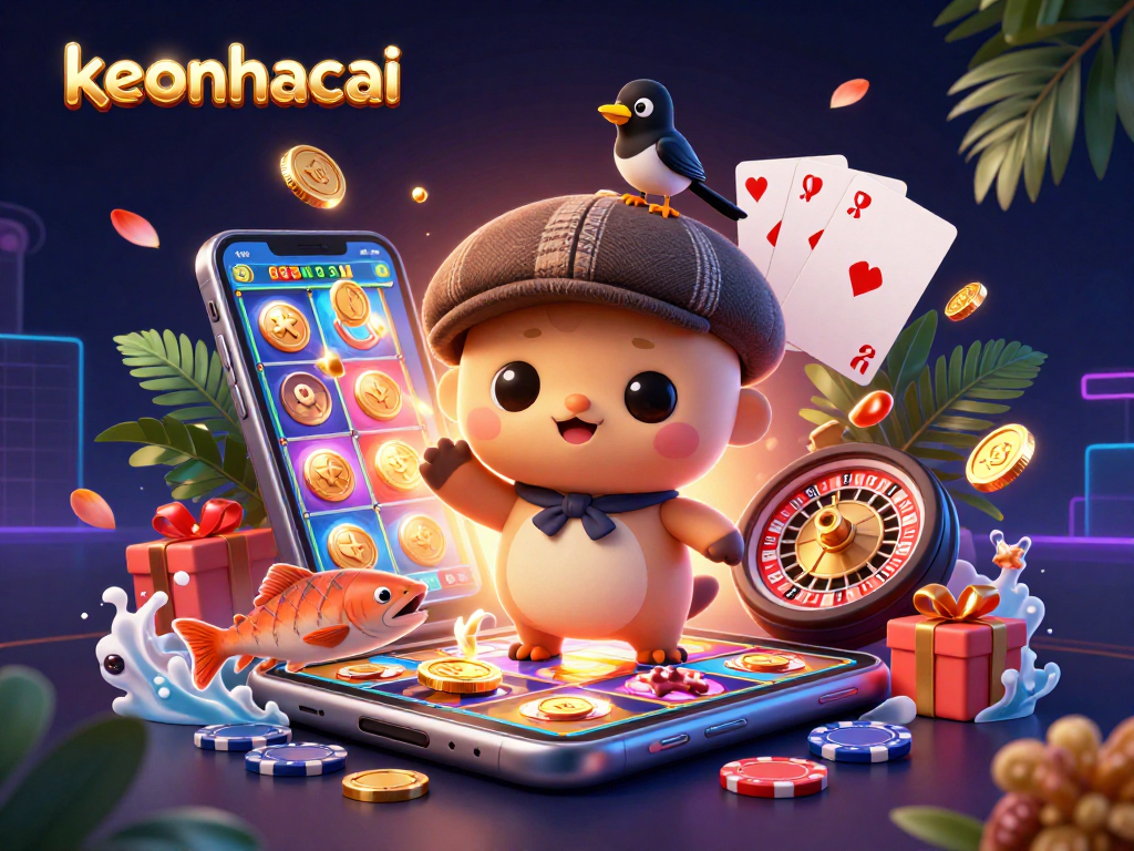 Engage with keonhacai in a vibrant 3D casino scene featuring playful characters and gaming elements.