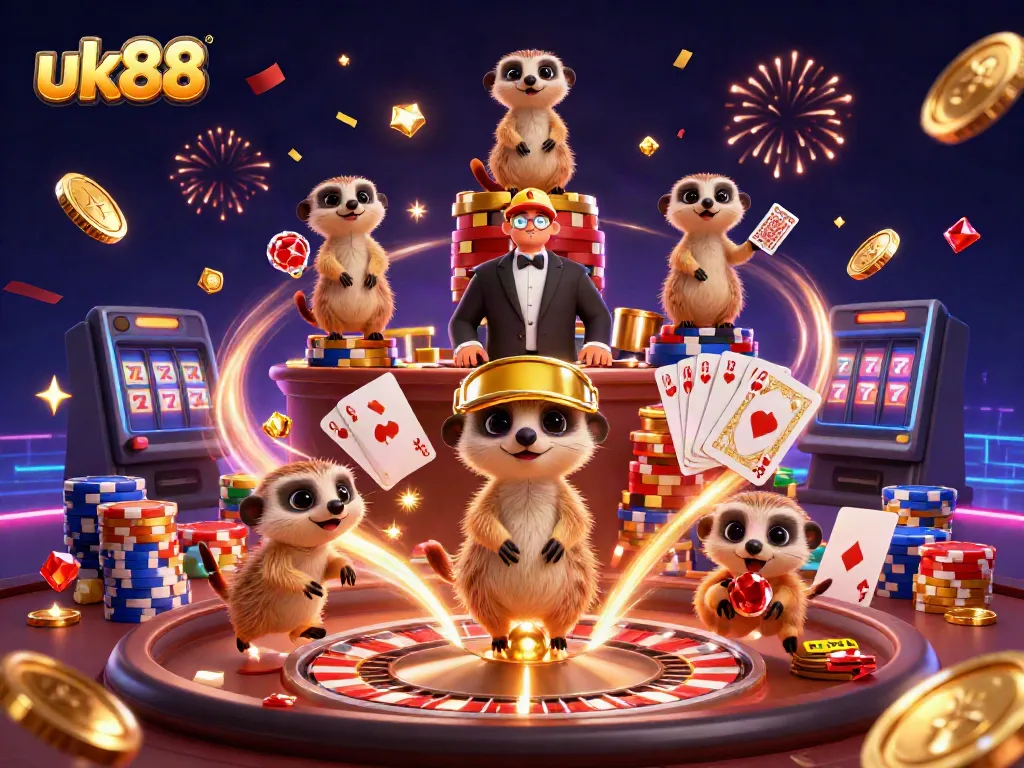 Experience thrilling gaming action at uk88 with a lively meerkat casino illustration showcasing dynamic elements.