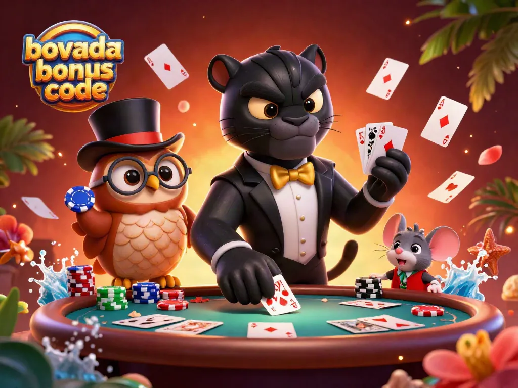 Play poker with Bovada bonus code in this vibrant scene featuring a tuxedoed panther, an owl with poker chips, and a lucky mouse.